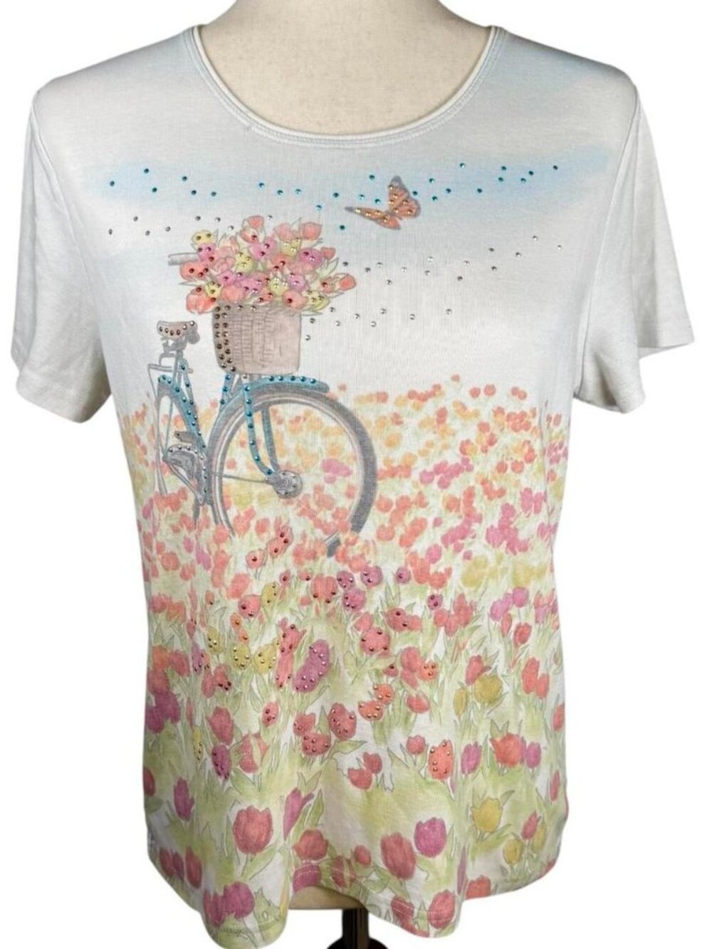 Karen Scott White Garden Bikes bedazzled t-shirt